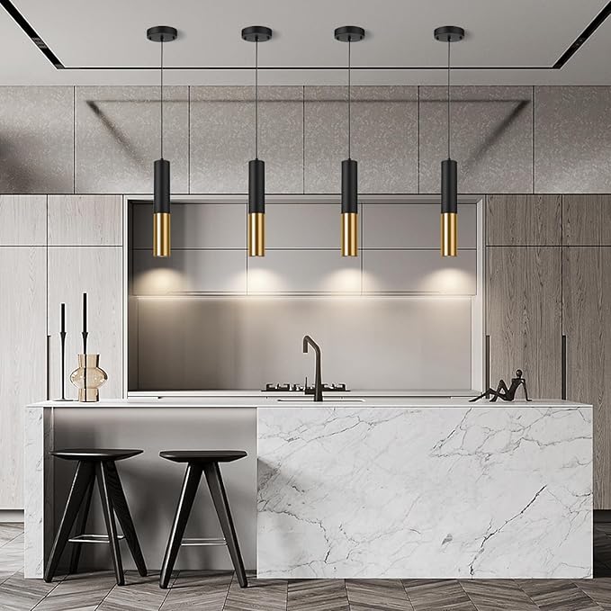 Modern Black Pendant Light Fixture for Kitchen Island, 1-Light Pendant Lighting, Lights Cord Adjustable, Matching GU10 lamp Holder,for Living Room Bedroom Dining Room (Black&Gold-3Pack)