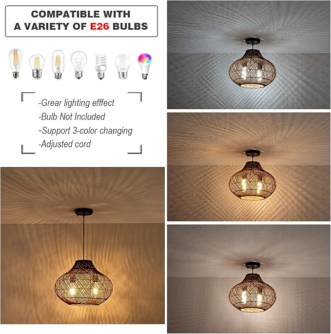15in Rattan Light Fixture, 2-Light Wicker Woven Chandelier Rustic Pendant Lights Rattan Hanging Lamp for Kitchen Island Dining Room Yard Restaurant Garden Design