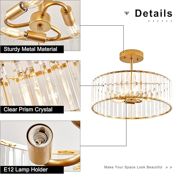 Modern Gold Semi Flush Mount Ceiling Light Crystal 3-Light Light Fixture 15.75 Inch Kitchen Ceiling Lighting for Living Room Bedroom Dining Room Bathroom Entryway (Bulb Not Included)