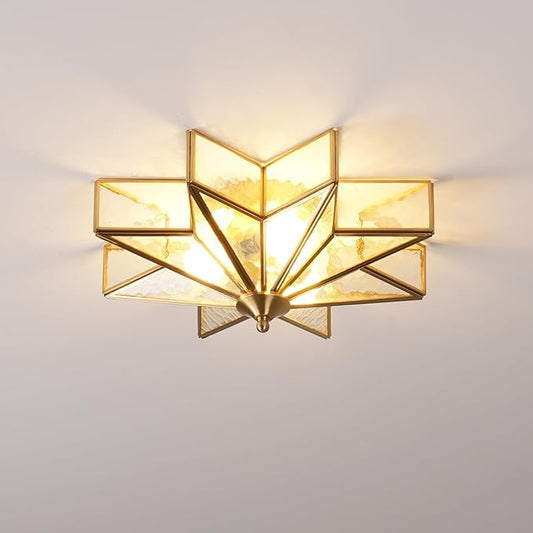 Brass Flush Mount Ceiling Light with Ceramic Light Socket, Star Shaped Ceiling Light Fixture, Mid Century Glass Ceiling Mount Lamp for Entryway, Hallway, Nursery (Rippled Glass, 15.7")