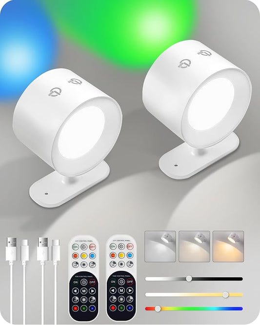 Battery Operated Wall Sconce Set of 2, Rechargeable Wall Sconce with Remote Control, 3 Color Temp 3 RGB Dimmable, Cordless Wall Mount Llight for Hallway Bedroom, White W02YBP206