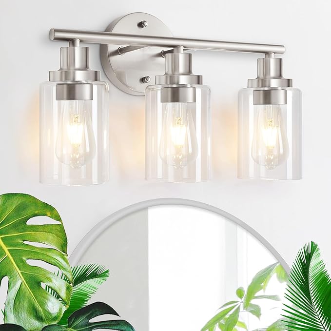 Vanity Wall Light Fixtures, Modern 3 Lights Wall Sconce with Clear Glass Shade, Brushed Nickel Farmhouse Wall Lamp for Bathroom Mirror Kitchen Porch Living Room Workshop (E26 Base)