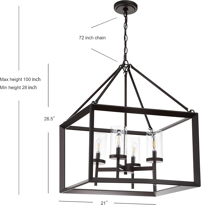 JONATHAN Y 21" Oil Rubbed Bronze/Clear 4-Light Lantern Pendant, LED Ceiling Light for Foyer Kitchen Island Entryway, Traditional Metal Fixture with Clear Glass Shade, ETL Listed (JYL7413A)