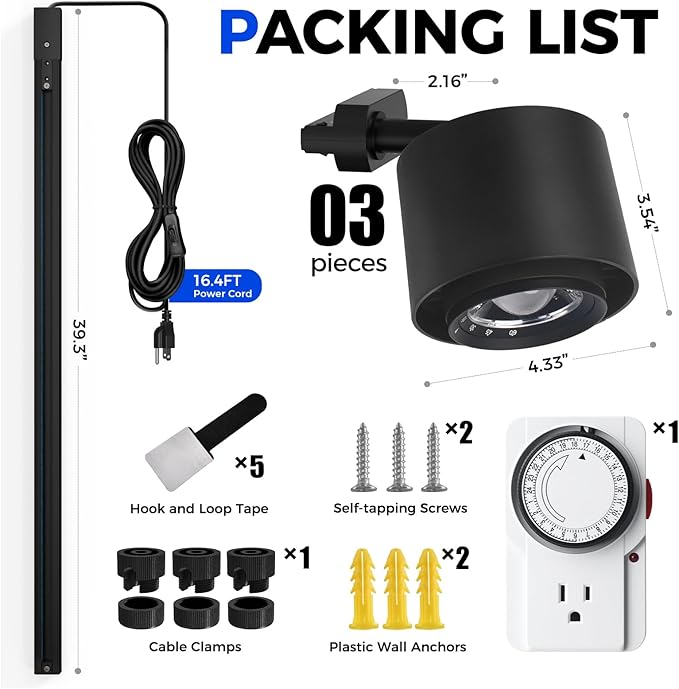 Barrina TR40c Track Grow Light System for Indoor Plants, 3 x 40W Heads, 5000K Full Spectrum Ceiling Grow Spotlight with 15°-60° Adjustable Beam Angle for Greenhouse with Timer, Black H-Type Rail