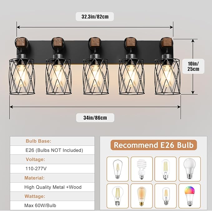 IZORRO Farmhouse Bathroom Vanity Light, 5-Light Wood Bathroom Light Fixtures Over Mirror, Black Industrial Vanity Lights with Metal Shade, Rustic Restroom Lighting Fixtures