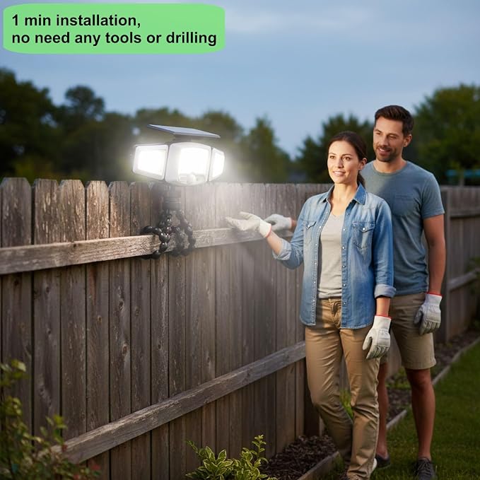 HULPPRE Solar Motion Sensor Light Outdoor,Bright with 231 LEDs,Clip on | 3 Adjustable Heads,Fence Light with Octopus Stand, IP65 Waterproof, 3 Modes, for Front Door, Yard, Patio, Deck, Camping