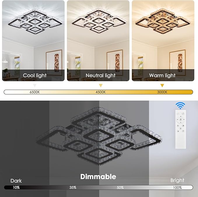FRIXCHUR 20” Dimmable Crystal Chandelier Square Crystal Flush Mount Ceiling Light 8 Lights Led Crystal Ceiling Pendant Light Led Chandeliers for Bedroom Dining Room Bedroom