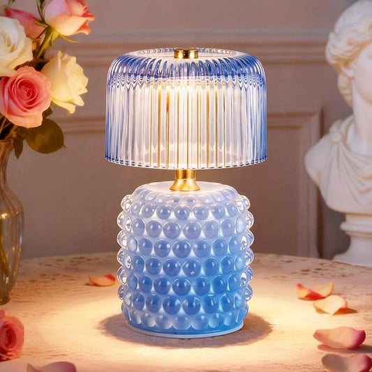 Small Battery Operated Lamp with Timer, Tiny Cordless Glass Table Lamp for Home Decor, Kitchen, Bathroom, Birthday Gift for Women, Pearl, Blue