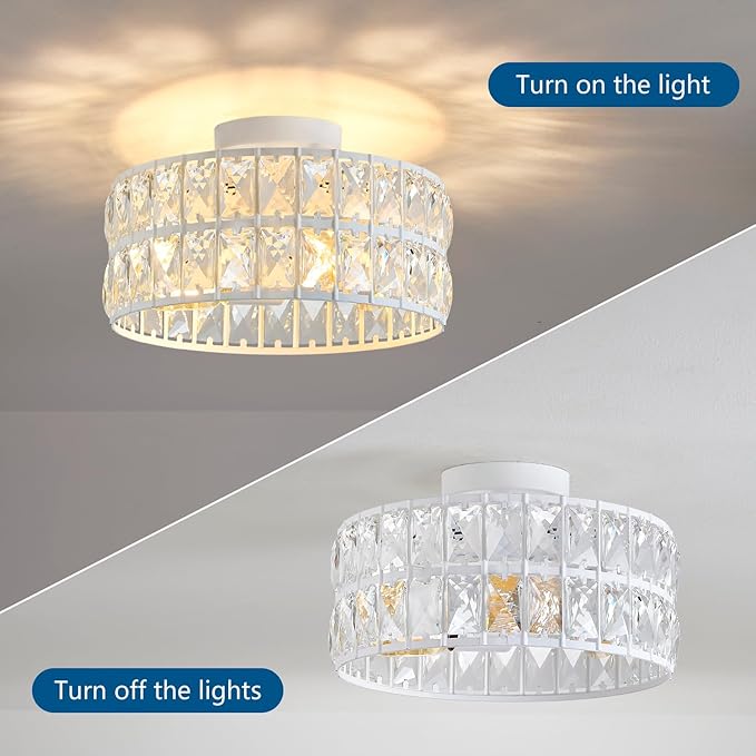 HuixuTe Modern Bedroom Light Fixtures Ceiling, 12.5" Round Drum Crystal Chandelier 3-Light, White Semi Flush Mount Ceiling Light for Dining Room Kitchen Hallway Living Room