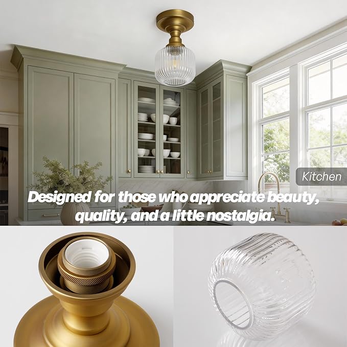 Modern Schoolhouse Semi Flush Mount Ceiling Light with Clear Ribbed Glass Lampshade, Industrial Close to Ceiling Light Fixture for Farmhouse Bedroom Entryway Stairs