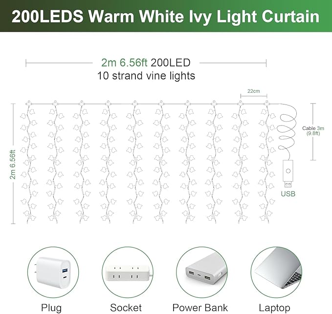 A.bigwhale Vines Lights for Bedroom, 6.5ft x 6.5ft Ivy Garland with 200 LED Vine Artificial Fairy Lights Curtain 8 Modes, USB Hanging Vine Lights for Wedding Window Wall Party Christmas Decoration