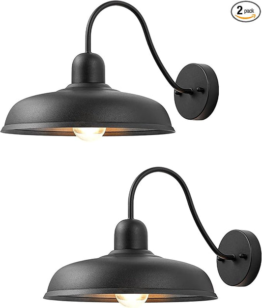 EDISHINE 2 Pack Gooseneck Barn Light Fixture, 12IN Outdoor Wall Light, Farmhouse Outside Wall Sconce, Black Matte Wall Mount Lantern for Porch, Entryway, Garage