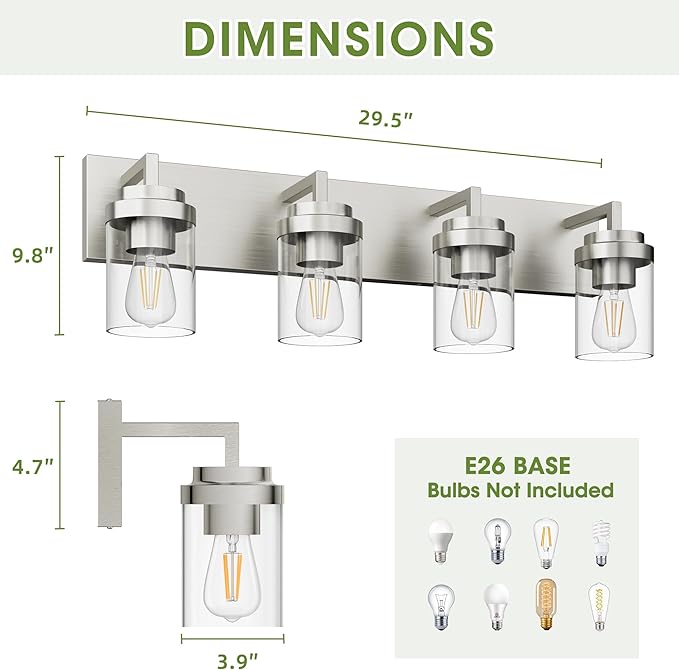 Espird Bathroom Lighting Fixtures, 4-Light Bathroom Vanity Lights Over Mirror, Brushed Nickel Vanity Light with Glass Shade, Modern Vanity Lighting Fixtures for Bathroom, Bedroom, Hallway