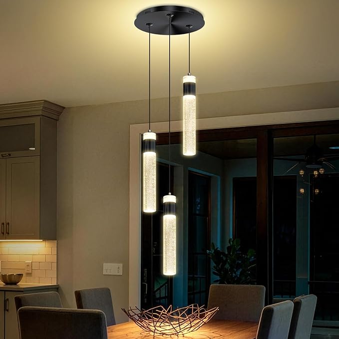 3-Light Pendant Lights Kitchen Island Black Crystal Column Chandelier Modern Dimmable LED Pendant Light for Dinning Room Living Room