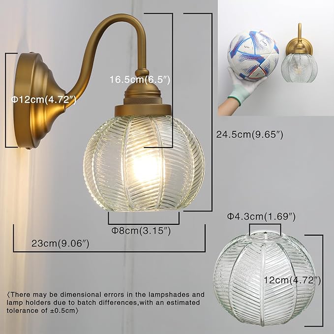 PERMO Vintage Wall Sconce with Clear Ribbed Glass Shade Retro Gold Sconce Bronze Bathroom Wall Light for Loft Kitchen Living Room Bedroom Hallway Doorway