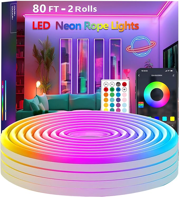 80FT Neon Rope Lights,Flexible Led Light Control with App/Remote,Multiple Modes,IP65 Outdoor Waterproof,Music Sync Strip for Bedroom