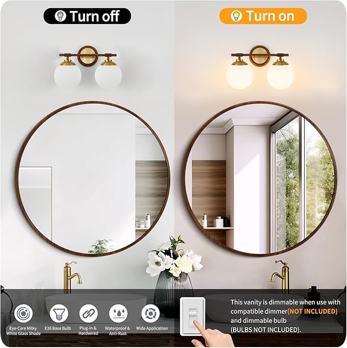 Rayogale Walnut Bathroom Light Fixtures, ETL 2 Lights Vanity Lights Over Mirror with Milk Glass Soft Lighting 15 Inch Bathroom Sconces(Exclude E26 Bulb)