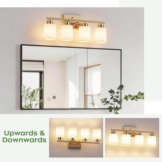 PARTPHONER 4-Light Brushed Gold Bathroom Light Fixtures, Modern Vanity Light Over Mirror Lighting, Wall Sconce with Frosted Milky White Glass Shades for Bedroom Living Room Kitchen Hallway