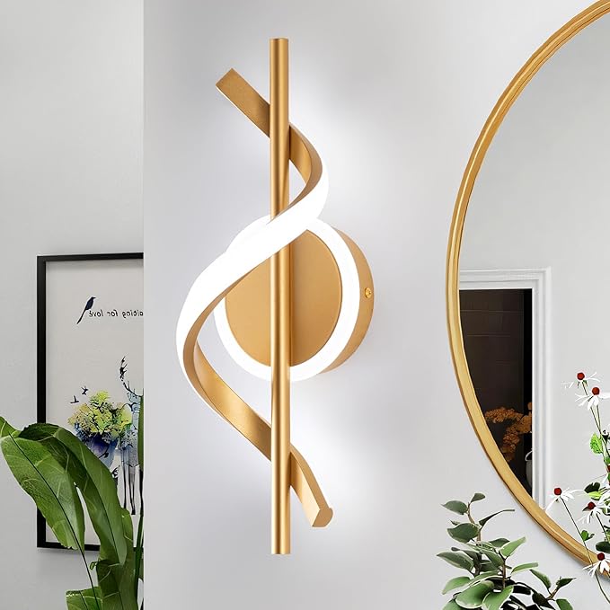 EIDISUNY LED Wall Sconces Indoor, 12W LED Wall Mount Lights, Modern Spiral Wall Lamp, 6000K Cold Light Fixture for Stairs, Living Room, Bedroom, Aisle, Hallway (Cold White, Gold)
