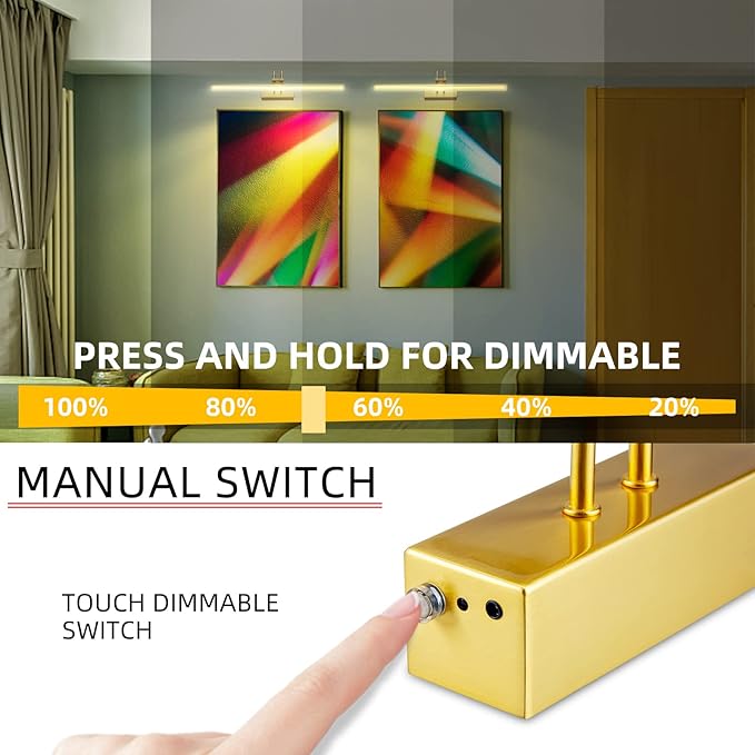 Picture Light, Picture Lights for Wall Cordless, 13inch Picture Lights with Timer and Dimmable, 5000mAh Battery Wall Lights for Display Gallery Painting Art Frame Portrait - Plated Gold, Metal