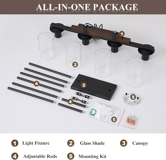 Farmhouse Wood Kitchen Island Lighting, 4-Light Adjustable Chandelier for Dining Room, Seeded Glass Shade Dining Room Light Fixture Over Table, Black Hanging Pendant Lights for Kitchen, Pool Table
