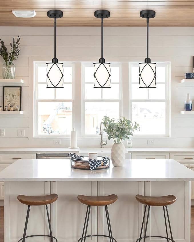 Pendant Lights Kitchen Island 3 Pack, Black Kitchen Pendant Lighting Over Island with Milk Glass and Rods, Modern Mini Hanging Light for Sink Dining Room, CH9176BKW-3PK