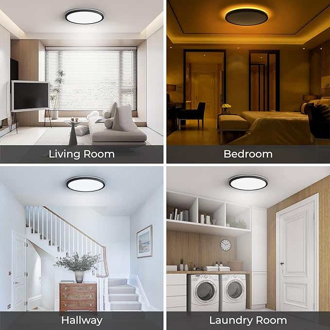 Matane 2Pack LED Flush Mount Ceiling Light Fixture with Night Light, 12inch 24W 2400LM 3000K/4000K/5000K Selectable, Dimmable LED Ceiling Lights for Bedroom, Dining Room, Kitchen, Round Black
