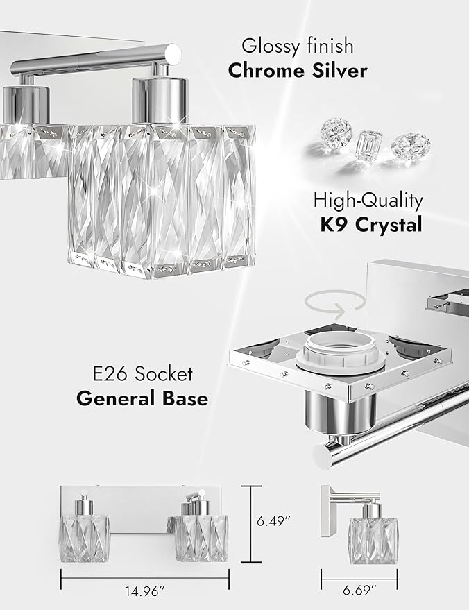 VOLISUN Chrome Bathroom Light Fixtures, Modern Stainless Steel Bathroom Lighting Fixtures Over Mirror, 2 Light Bathrooms Vanity Light, Crystal Vanity Light for Bathrooms-UL Certificated(Exclude Bulb)