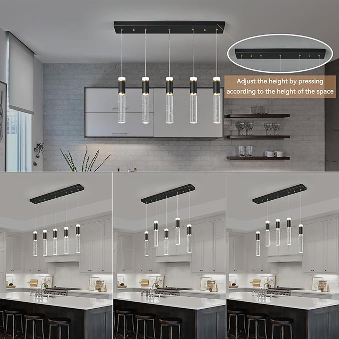 Pendant Lights Kitchen Island, Dimmable LED Pendant Light Fixtures, Black Gold Pendant Light Modern with Bubble Crystal Pendant Light, Pendant Lighting for Kitchen Island Dining Room 5-Light