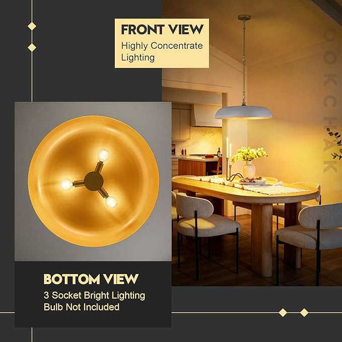 Large Pendant Light 20in White and Gold Dome Pendant Lights 3 Light Socket Pendant Light Fixture with Adjustable Pendant Lighting for Kitchen Island Dining Room Kitchen Sink, E12
