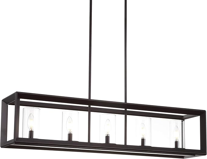 JONATHAN Y 38.5" Oil Rubbed Bronze Linear 5-Light LED Chandelier, Adjustable Clear Glass Shades Modern Pendant Light Fixture for Kitchen Island, Dining Room, ETL Listed JYL7414A