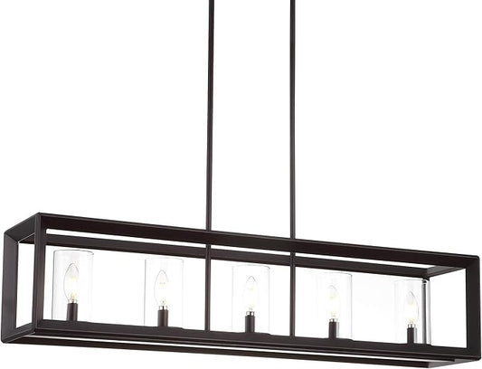 JONATHAN Y 38.5" Oil Rubbed Bronze Linear 5-Light LED Chandelier, Adjustable Clear Glass Shades Modern Pendant Light Fixture for Kitchen Island, Dining Room, ETL Listed JYL7414A