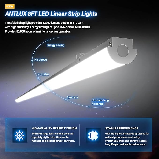 ANTLUX 110W LED Linear Strip Lights 8FT LED Shop Lights, 12000 Lumens, 5000K, 8 Foot Garage Light, Surface Mount and Hanging Ceiling Lighting Fixture, Fluorescent Tube Replacement, 4 Pack