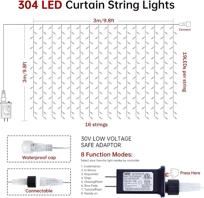 HEYFUNi 304 LED Curtain Lights Outdoor, 9.8Ft*9.8Ft Hanging String Lights Plug in with 8 Modes, Connectable Curtain Fairy Lights for Bedroom, Dorm, Christmas, Wall, Backdrop, Wedding Decor, White