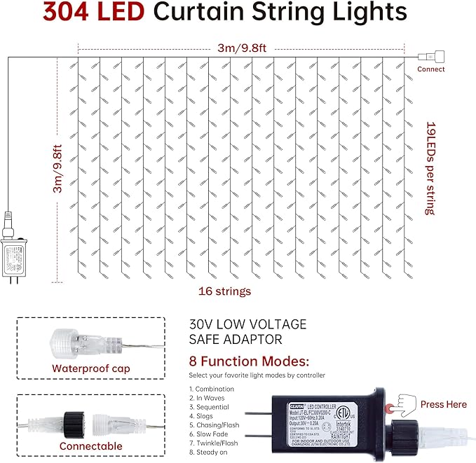 HEYFUNi 304 LED Curtain Lights Outdoor, 9.8Ft*9.8Ft Hanging String Lights Plug in with 8 Modes, Connectable Curtain Fairy Lights for Bedroom, Dorm, Christmas, Wall, Backdrop, Wedding Decor, Warm White