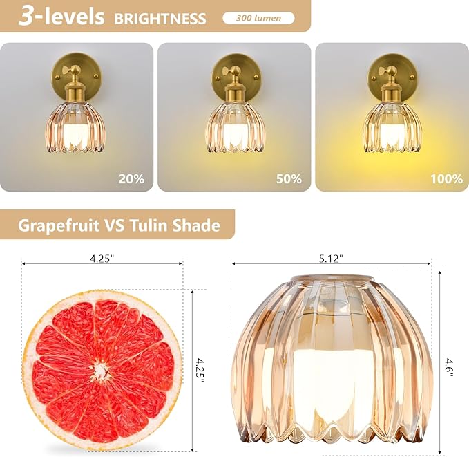 Vintage Battery Operated Wall Sconce, Amber Tulip Glass Lampshade Wireless Rechargeable Battery Powered LED Wall Light with Remote Dimmable for Bedside Bedroom Doorway Living Room, Set of 2