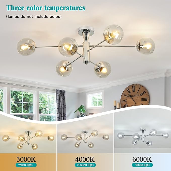 hesoge Modern Sputnik Ceiling Lights 6 Light Semi Flush Mount Ceiling Fixture with Glass Globes Chrome Chandelier for Dining Room Bedroom Living Room Kitchen Farmhouse.
