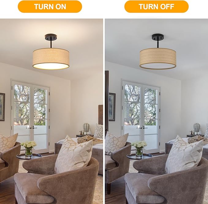 Rattan Sloped Ceiling Light Fixture, 13" Woven Boho Semi Flush Mount Lights with Drum Fabric Shade, Lighting for Bedroom, Dining Room, Living Room, Hallway, Entryway