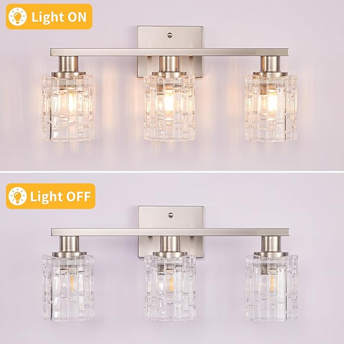 3 Light Brushed Nickel Bathroom Vanity Light Over Mirror, Modern Vanity Lighting with Crystal Glass Shade, Wall Mount Bathroom Light Fixtures, E26 Base