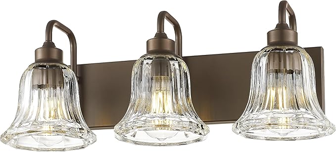 zeyu 22 Inch Bronze Vanity Lights, Farmhouse Wall Sconce Lighting, 3 Light Bathroom Mirror Wall Light, Oil Rubbed Bronze Finish with Clear Striped Glass, ZJX117B-3W ORB