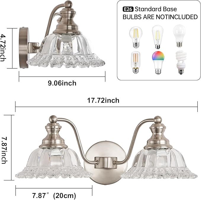 XIEDUN Brushed Nickel 2 Light Vanity Lights Fixture Lights for Bathroom