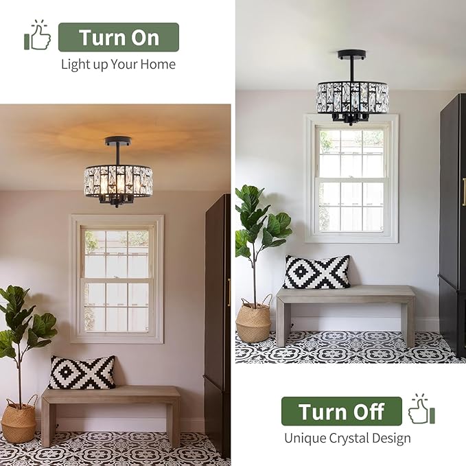 11.22’’ Crystal Ceiling Light Fixture, Black Semi Flush Mount Ceiling Light, 4-Light Modern Ceiling Light for Hallway Entryway Kitchen Bedroom Bathroom