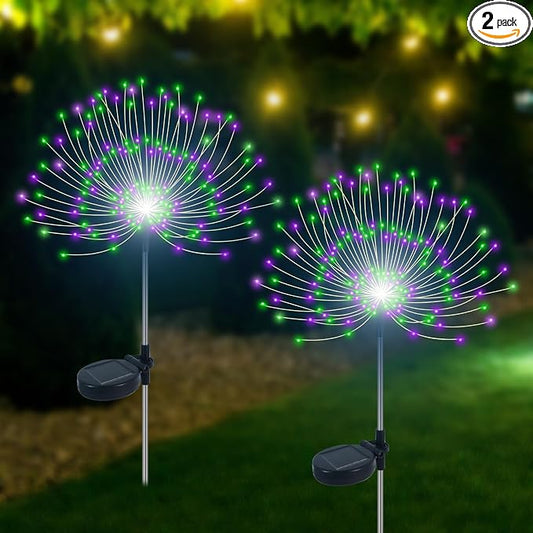 Slyuexu Solar Garden Lights Outdoor Waterproof, 2 Pack 120 LED Solar Firework Lights Decorative Garden Décor Outside for Flowerbed Pathway Party Halloween Christmas Decorations, Green + Purple