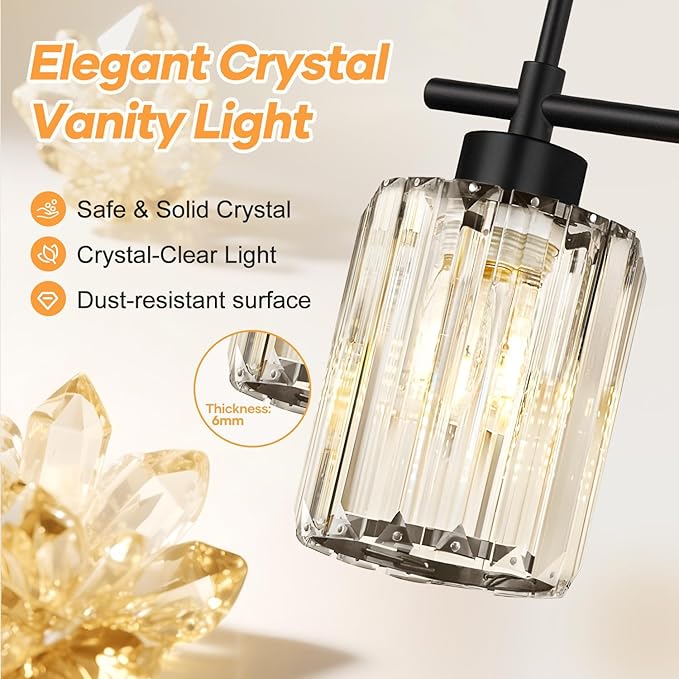 Matte Black Vanity Light, 3-Light Crystal Modern Bathroom Lighting Fixtures Over Mirror, Black Bathroom Vanity Light (Bulbs Not Included)