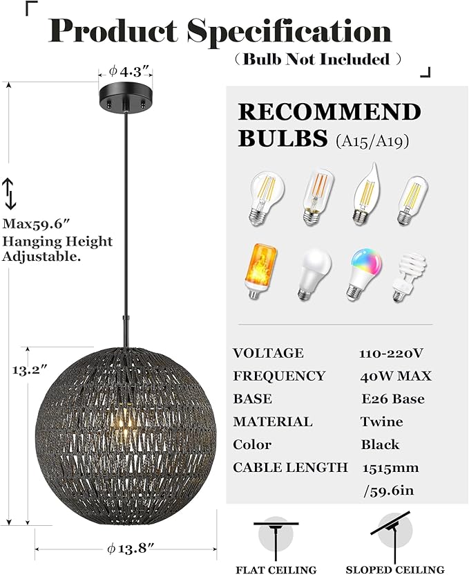 ELYONA Modern Woven Chandelier, 14" Large Boho Rattan Pendant Light Fixtures, Adjustable Globe Wicker Hanging Light for Dining Room Living Room Kitchen Island Farmhouse Foyer Bedroom Hallway, Black