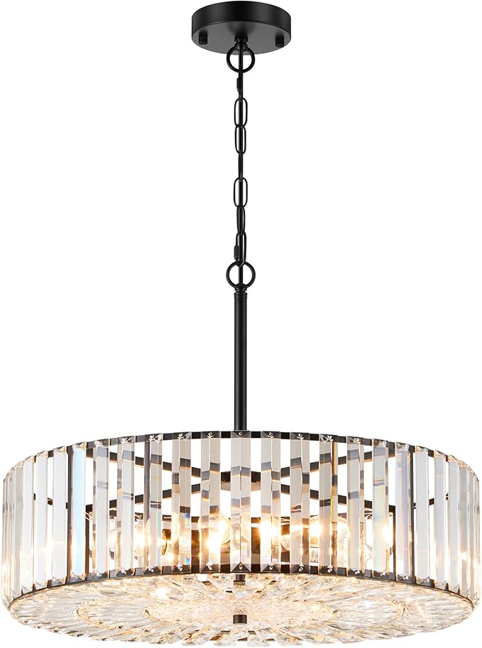 VONLUCE Cystal Ceiling Light Fixture, 6-Light Semi Flush Ceiling Light with Crystal Prisms, 21 in. Chandelier for Dining Room Bedroom Entryway, Kitchen, Black Metal Canopy, ETL Certificated