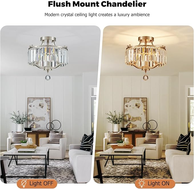 12.2'' Modern Brushed Nickel Crystal Ceiling Light Fixture Farmhouse 3-Light Semi Flush Mount Drum Chandelier for Dining Room, Bedroom, Kitchen, Hallway, Entryway, Foyer, E12 - MJ055BN