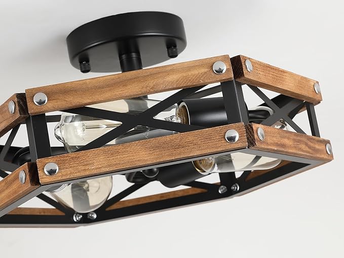 3-Light Rustic Farmhouse Wood Flush Mount Ceiling Light Fixture Oak Wood and Metal Cage Semi Flush Mount Ceiling Light for Hallway Hall Entry Bedroom Kitchen Farmhouse, Black
