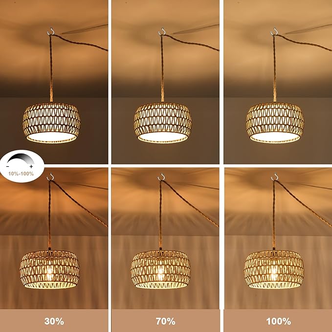 Boho Rattan Pendant Lights Farmhouse 12 Inch Plug in Chandelier Light Fixture Rustic Wicker Hand Woven Pendant Hanging Light with Cord for Dining Room Kitchen Bedroom Foyer Hallway