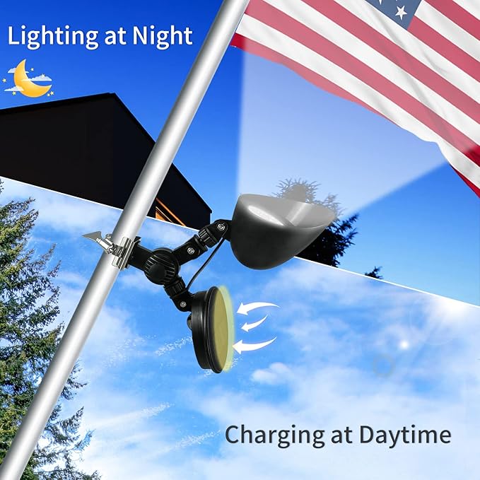 Solar Flag Pole Light, 360°Adjustable Flagpole Light Solar Powered with 5 Super-Bright Led, Dusk to Dawn, Fits 1”-1.5” in Diameter Outdoor Wall-Mounted Spinning Flagpoles
